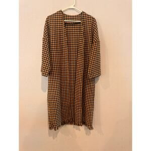 Women's Houndstooth Open Front Cardigan Fringed 3/4 Sleeve Brown‎ Black M